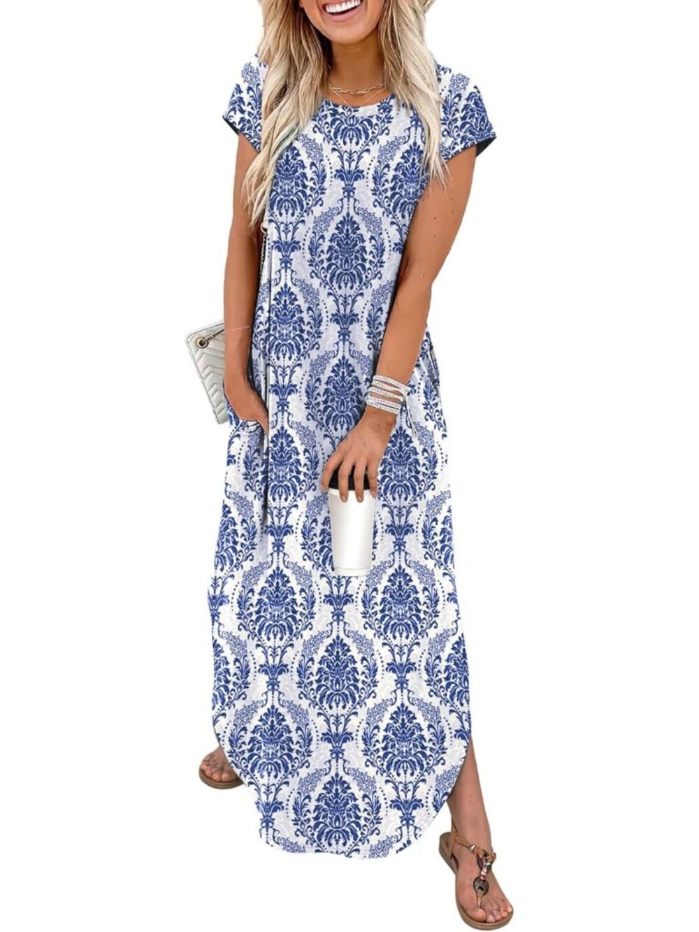 Women's Maxi Dresses Floral Boho Khaki Blue Crew Neck Cap Sleeves Summer Comfort